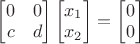 $\begin{bmatrix}
 0 & 0\\
 c & d 
\end{bmatrix}
\begin{bmatrix}
x_1\\
x_2 
\end{bmatrix}
=
\begin{bmatrix}
0\\
0
\end{bmatrix}$