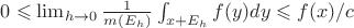 $0 \leqslant \lim_{h \to 0} \frac{1}{m(E_h)} \int_{x+E_h} f(y) dy \leqslant f(x)/ c$