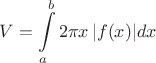 \[
V = \int\limits_a^b {2\pi x\left| {f(x)} \right|} dx
\]