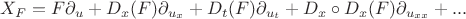 $$X_F = F\partial_u + D_x(F)\partial_{u_x} + D_t(F)\partial_{u_t} + D_{x}\circ D_x(F)\partial_{u_{xx}} + ... $$