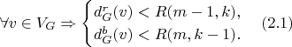 $$\forall v \in V_G \Rightarrow
		\begin{cases}
			d_G^r(v) < R(m - 1, k),\\
			d_G^b(v) < R(m, k - 1).
		\end{cases} (2.1)$$