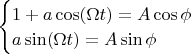 $\begin{cases}
1+a \cos ( \Omega t ) = A \cos \phi\\
a \sin ( \Omega t)=A \sin \phi
\end{cases}$
