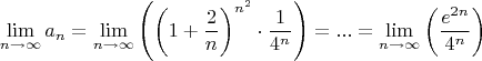 $$\lim\limits_{n \to \infty} a_{n} = \lim\limits_{n \to \infty} \left ( \left (1+\frac{2}{n} \right)^{n^2} \cdot \frac{1}{4^n} \right) = ... = \lim\limits_{n \to \infty}  \left ( \frac{e^{2n}}{4^n} \right)$$