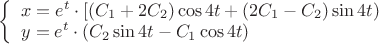 $
\left\{ \begin{array}{l}
x=e^t\cdot[(C_1+2C_2)\cos 4t + (2C_1-C_2)\sin 4t)\\
y=e^t\cdot(C_2\sin 4t -C_1\cos 4t)\\
\end{array} \right
$
