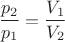 $$\frac{p_2}{p_1}=\frac{V_1}{V_2}$$