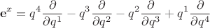 $$
{\bf e}^{x} = q^4 \frac{\partial}{\partial q^1}
-q^3 \frac{\partial}{\partial q^2}
-q^2 \frac{\partial}{\partial q^3}
+q^1 \frac{\partial}{\partial q^4}
$$