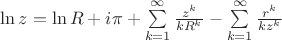 $\ln z = \ln R +i\pi + \sum\limits_{k=1}^{\infty}\frac{z^{k}}{kR^k} -\sum\limits_{k=1}^{\infty}\frac{r^k}{kz^k}$