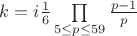 $k=i \frac{1}{6} \prod\limits_{5\le p \le 59} \frac{p-1}{p}$