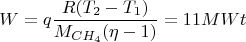 $$W=q\frac{R(T_2-T_1)}{M_{CH_4}(\eta-1)}=11 MWt$$