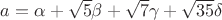 $a=\alpha + \sqrt{5}\beta + \sqrt{7}\gamma + \sqrt{35}\delta$