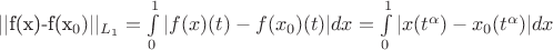 ||f(x)-f(x_0)||_{L_1} = \int\limits_{0}^{1} |f(x)(t)-f(x_0)(t)| dx = \int\limits_{0}^{1} |x(t^\alpha)-x_0(t^\alpha)| dx
