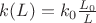 $k(L) = k_0 \frac{L_0}{L}$