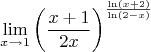 $$\lim\limits_{x \to 1}{\left(\frac{x+1}{2x}\right)}^\frac{\ln(x+2)}{\ln(2-x)}$$
