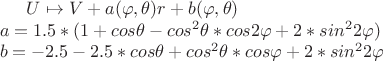$U\mapsto V+a(\varphi,\theta)r+b(\varphi,\theta) \\
a = 1.5*(1+cos \theta - cos^2 \theta * cos 2\varphi + 2*sin^2 2\varphi) \\
b = -2.5 - 2.5*cos \theta + cos^2 \theta * cos \varphi + 2*sin^2 2\varphi
$