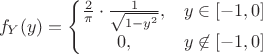 $$f_Y(y) = \left\{
\begin{matrix}
{2 \over \pi}\cdot \frac{1}{\sqrt{1-y^2}}, & y\in [-1,0] \\
0, &y\not\in [-1,0]
\end{matrix}
\right$$
