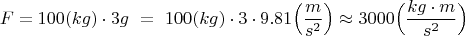 $$F=100 (kg) \cdot 3 g \ =\ 100 (kg) \cdot 3 \cdot  9.81 \Big(\dfrac{m}{s^2}\Big) \approx 3000 \Big(\dfrac{kg \cdot m}{s^2}\Big)$$