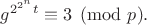 $g^{2^{2^n} t}\equiv 3\pmod{p}.$
