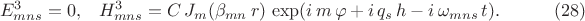 $$\begin{xalignat*}{3}&E^3_{mns}=0, &&H^3_{mns}=C\,J_m(\beta_{mn}\,r)\,\exp(i\,m\,\varphi+i\,q_s\,h-i\,\omega_{mns}\,t).&&\qquad\eqno{(28)}\end{xalignat*}$$