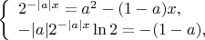 $
\left\{ \begin{array}{l}
2^{-|a|x}=a^2-(1-a)x,\\
-|a|2^{-|a|x}\ln2=-(1-a),
\end{array} \right.
$