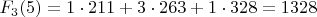 $F_{3}(5)=1\cdot211+3\cdot263+1\cdot328=1328$