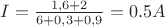 $I=\frac{1,6+2}{6+0,3+0,9}=0.5A$