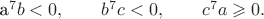 a^7b<0,\qquad b^7c<0,\qquad c^7a\geqslant 0. a^7b<0,\qquad b^7c<0,\qquad c^7a\geqslant 0.