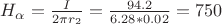 $H_{\alpha}=\frac{I}{2 \pi r_{2}}=\frac{94.2}{6.28*0.02}=750$