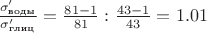 $\frac{\sigma'_{\text{воды}}}{\sigma'_{\text{глиц}}} = {\frac{81-1}{81}} : {\frac{43-1}{43}} = 1.01$