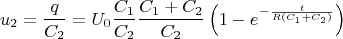 $$u_2=\frac{q}{C_2}=U_0\frac{C_1}{C_2}\frac{C_1+C_2}{C_2}\left (1-e^{-\frac{t}{R(C_1+C_2)}}  \right )$$
