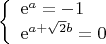 $$\left\{\begin{array}{l}\mathrm{e}^a=-1\\ \mathrm{e}^{a+\sqrt 2 b}=0\end{array}\right.$$