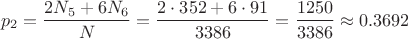 $$p_2=\frac{2N_5+6N_6}{N}=\frac{2\cdot 352+6\cdot 91}{3386}=\frac{1250}{3386}\approx 0.3692$$