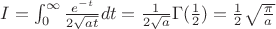 $I=\int_{0}^{\infty}\frac{e^{-t}}{2\sqrt{at}}dt=\frac{1}{2\sqrt{a}}\Gamma(\frac12)=\frac12\sqrt\frac{\pi}{a}$