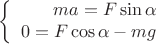 $$\left\{
\begin{array}{rcl}
ma=F\sin\alpha \\
0=F\cos\alpha -mg \\
\end{array}
\right.$$ $$\left\{
\begin{array}{rcl}
ma=F\sin\alpha \\
0=F\cos\alpha -mg \\
\end{array}
\right.$$