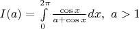 $ I(a) = \int\limits_{0}^{2\pi} \frac{\cos x }{a+\cos x} dx, ~ a>1 $