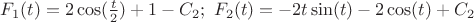 $F_1(t)=2\cos(\frac t2)+1-C_2;\ F_2(t)=-2t\sin(t)-2\cos(t)+C_2$