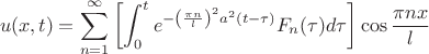 $$
u(x,t)=\sum_{n=1}^{\infty}\left[\int_{0}^{t}e^{-\left(\frac{\pi n}{l}\right)^{2}a^{2}(t-\tau)}F_{n}(\tau)d\tau\right]\cos\frac{\pi nx}{l}$$