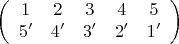 $$ \left(\begin{array}{ccccc} 1 & 2 & 3 & 4 & 5\\ 5' & 4' & 3' & 2' & 1'\end{array}\right)$$