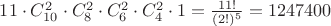 $11 \cdot C_{10}^2 \cdot C_{8}^2 \cdot C_{6}^2 \cdot C_{4}^2 \cdot 1 = \frac{11!}{(2!)^5} = 1247400$