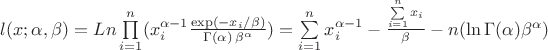 $l(x;\alpha,\beta)=Ln\prod\limits_{i=1}^n( x_i^{\alpha-1} \frac{\exp\left(-x_i/\beta\right)}{\Gamma(\alpha)\,\beta^{\alpha}})=\sum\limits_{i=1}^nx_i^{\alpha-1}-\frac{\sum\limits_{i=1}^nx_i}{\beta}-n(\ln\Gamma(\alpha)\beta^{\alpha})$