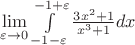 $\[\mathop {\lim }\limits_{\varepsilon  \to 0} \int\limits_{ - 1 - \varepsilon }^{ - 1 + \varepsilon } {\frac{{3{x^2} + 1}}{{{x^3} + 1}}dx} \]$