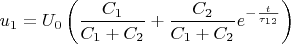 $$u_{1}=U_{0}\left ( \frac{C_1}{C_1+C_2}+\frac{C_2}{C_1+C_2}e^{-\frac{t}{\tau _{12}}} \right )$$