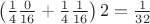 $\left(\frac{1}{4}\frac{0}{16}+\frac{1}{4}\frac{1}{16}\right)2=\frac{1}{32}$