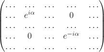$$
\begin{pmatrix}
\ldots & \ldots & \ldots & \ldots & \ldots \\ 
\ldots & e^{i\alpha} & \ldots & 0 & \ldots \\ 
\ldots & \ldots & \ldots & \ldots & \ldots \\ 
\ldots & 0 & \ldots & e^{-i\alpha} & \ldots \\ 
\ldots & \ldots & \ldots & \ldots & \ldots
\end{pmatrix} 
$$
