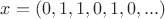 $x=(0,1,1,0,1,0,...)$