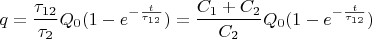 $$q=\frac{\tau_{12}}{\tau_{2}}Q_0(1-e^{-\frac{t}{\tau_{12}}})=\frac{C_1+C_2}{C_2}Q_0(1-e^{-\frac{t}{\tau_{12}}})$$