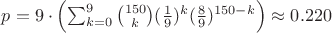 $p = 9\cdot\left(\sum_{k=0}^9 \binom{150}{k}(\frac19)^k (\frac89)^{150-k}\right) \approx 0.220$