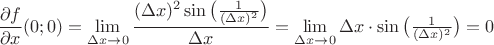 $\dfrac{\partial f}{\partial x}(0;0)=\lim\limits_{\Delta x\to 0}\dfrac{(\Delta x)^2\sin\big(\frac{1}{(\Delta x)^2}\big)}{\Delta x}=\lim\limits_{\Delta x\to 0}\Delta x\cdot \sin\big(\frac{1}{(\Delta x)^2}\big)=0$