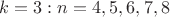 $k=3: n=4,5,6,7,8$