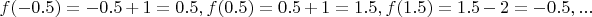$f(-0.5) = -0.5 + 1 = 0.5, f(0.5) = 0.5 + 1 = 1.5, f(1.5) = 1.5 - 2 = -0.5, ...$
