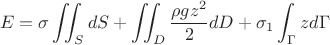 $$E=\sigma \iint_{S}dS+\iint_{D}\frac{\rho g z^2}{2}dD+\sigma_1\int_{\Gamma}zd\Gamma$$